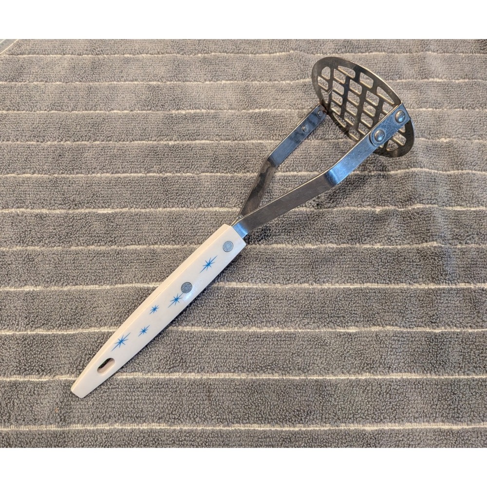 Vintage Stainless USA Potato Masher Atomic Blue Starburst MCM Kitchen Tool